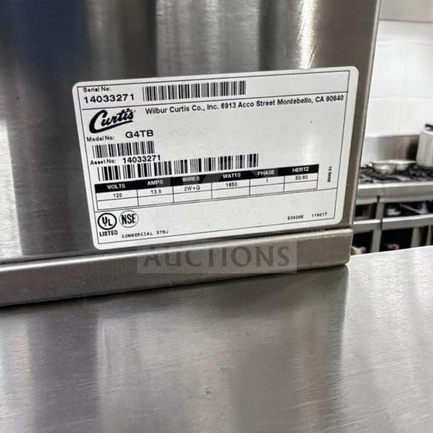 Immaculate Curtis G4TB Commercial Tea Brewer, 3-5 Gallon Capacity, 120V, digital control, like-new. Model and UL markings visible.