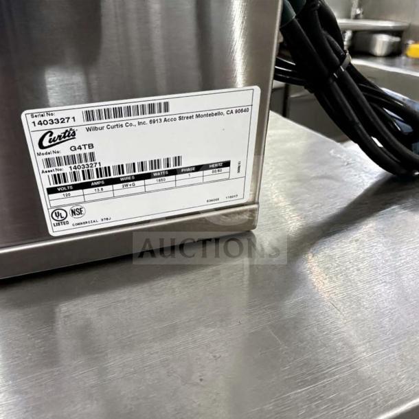 Wilbur Curtis G4TB Commercial Tea Brewer in immaculate condition, 3–5 gallon capacity, 120V, digital control, model label visible.