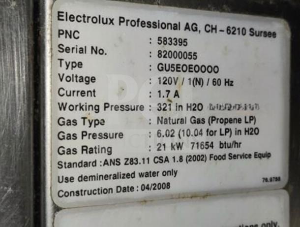 Label of Electrolux Professional GU5EOE0000 showing specifications: 120V, 1.7A, natural gas, 21kW, 71654 BTU/hr, built 04/2008.
