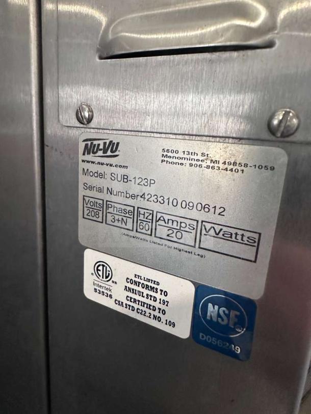 Nu-Vu SUB-123P commercial oven/proofer combo, 208V 3-phase, UL listed, tag shows model and electrical specs, fully tested.