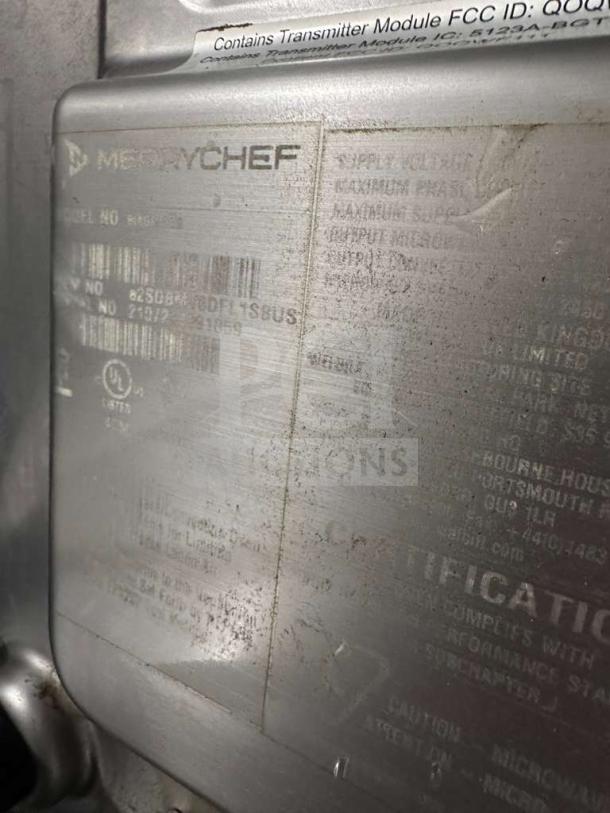 Merrychef Commercial High-Speed Oven label showing model and serial numbers. Oven is in top-tier condition, fully tested.