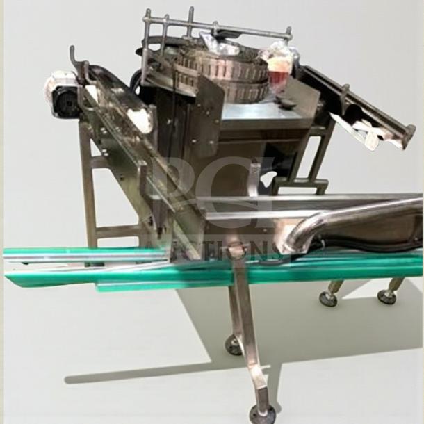 Stainless steel bottle conveyor system, adjustable speed, fully tested, premium condition, model CONV-L-LINE-0427.