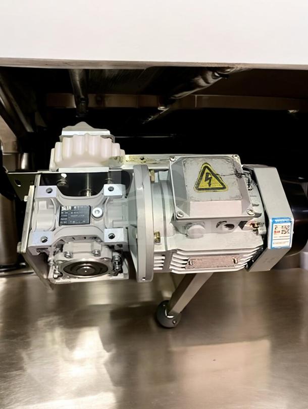 Industrial Stainless Steel Conveyor System motor; premium condition, adjustable speed, tested, labeled "CONV-L-LINE-0427".