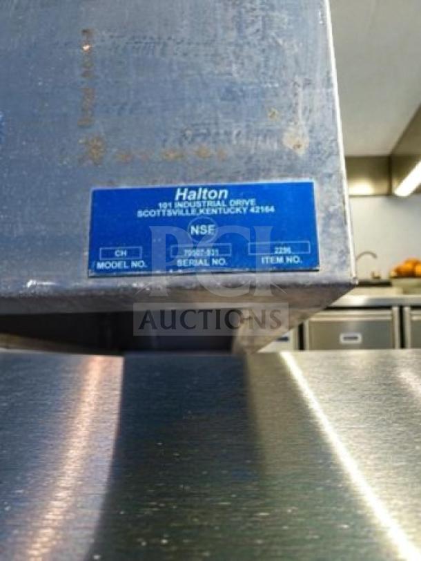 Halton stainless steel vent hood, model HAL-L-VENT-0534, in prime condition, labeled with model and serial numbers.