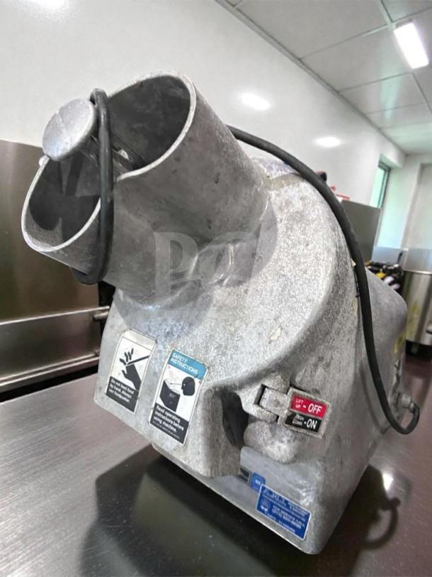 General Slicing/Red Goat Commercial Vegetable Slicer, heavy-duty, NSF Certified, tested and operational. Safety labels visible.