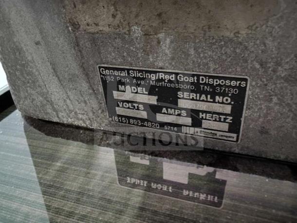 "General Slicing/Red Goat Commercial Vegetable Slicer, NSF certified, label shows serial and contact info, tested and operational."