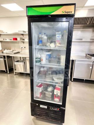 Supera G1M-16-B-1 glass door merchandiser refrigerator in superior condition, ETL listed, fully tested, and operational.
