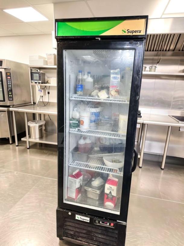 Supera G1M-16-B-1 commercial glass door merchandiser refrigerator, superior condition, fully tested, ETL listed, 115V.