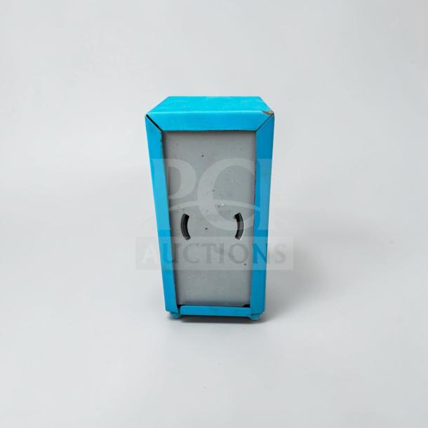 Retro metal napkin dispenser, blue and gray, commercial tabletop holder, minor wear, model NAP-S-DSP-0674.