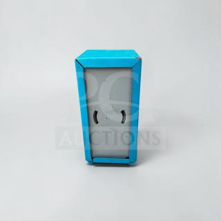 Retro metal napkin dispenser, blue and gray, commercial tabletop holder, minor wear, model NAP-S-DSP-0674.