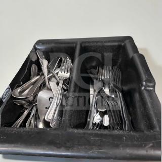 Commercial stainless steel flatware lot, forks and spoons in trays, mixed pattern, exceptional condition, serviceable.