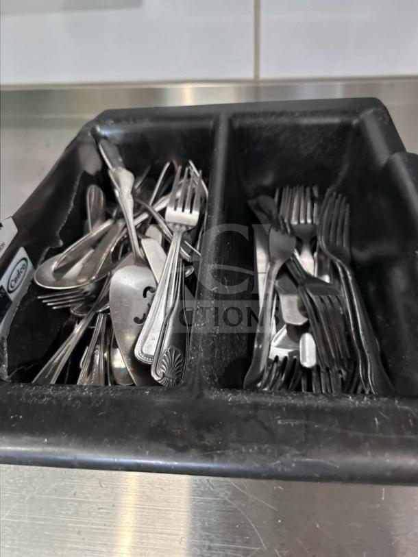 Commercial stainless steel flatware lot with mixed pattern forks and spoons in remarkable condition, RST-S-LOT-0612.