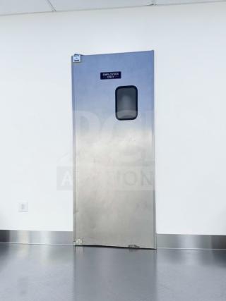 GSW commercial aluminum swing door, 36" x 80", prime condition, "Employees Only" sign, model DR-AD-H hinge assembly.