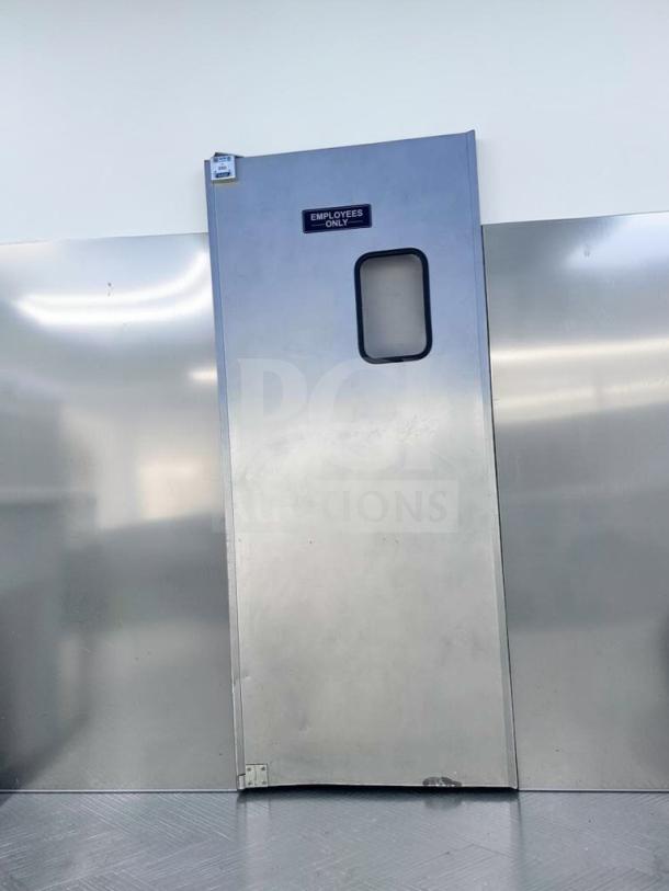 Prime Condition GSW aluminum swing door, 36"x80", model DR-AD-H, "Employees Only" sign, inspected, ready to install.
