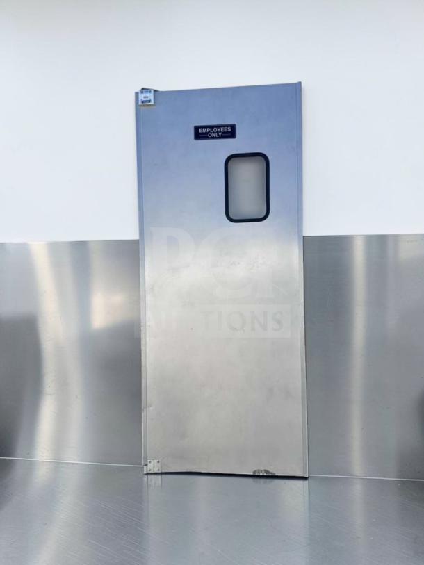 GSW aluminum swing door, 36”x80”, prime condition, labeled "Employees Only", DR-AD-H hinge, ready for installation.