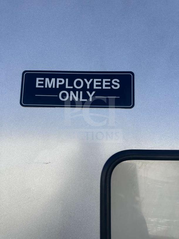 GSW Commercial Aluminum Swing Door, 36"x80", "Employees Only" sign, prime condition, model DR-AD-H.