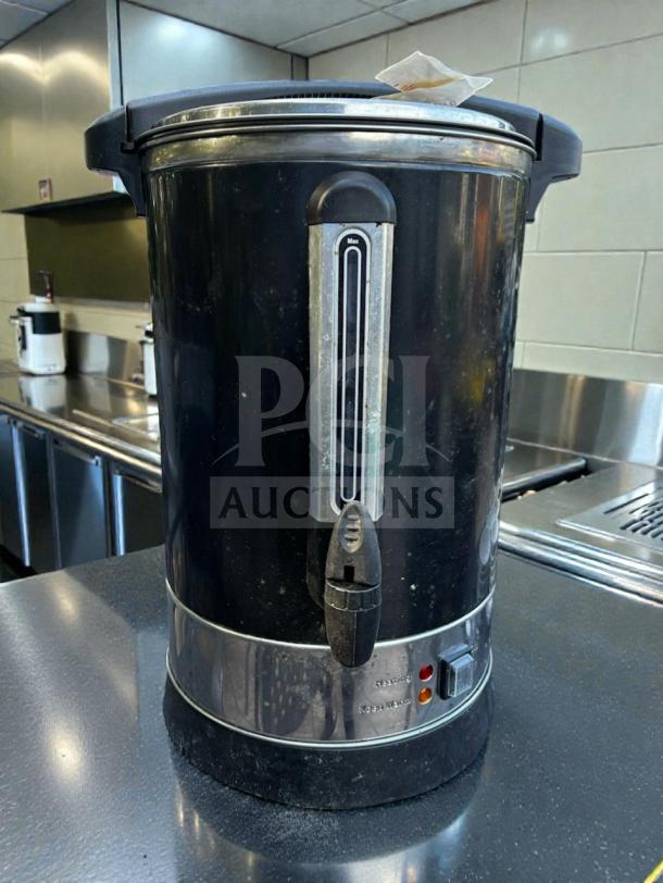 Exceptional condition electric coffee urn/hot water dispenser, large capacity, black and silver, Commercial Beverage Equipment.