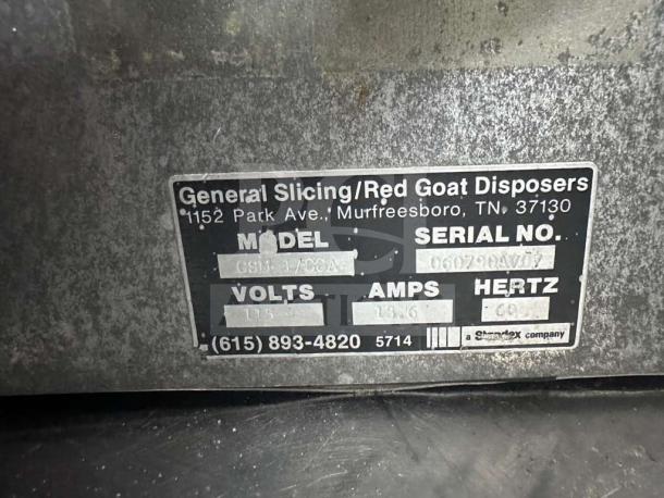 Label on General Slicing CSM-72AA food processor. Shows model, serial number, 115V, 13.6 amps, and company info.