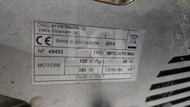 OBEL Mito ATR M64 coffee grinder label showing 120V, 350W, made in Italy, model type, and construction year 2014.