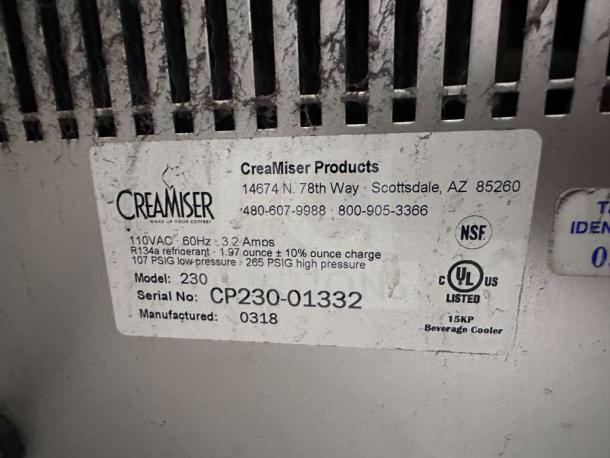 Label on CreaMiser Model 230 Commercial Cold Brew Dispenser, showing model info, specifications, and safety certifications.