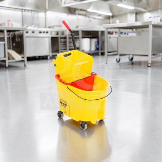 Rubbermaid WaveBrake 35 Qt. mop bucket, yellow, with side press wringer, dirty water separator, in superb condition, fully operational.