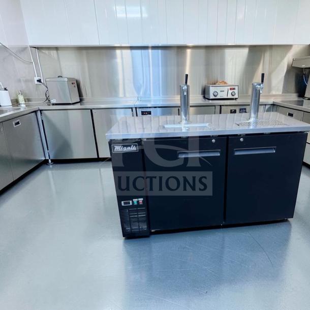 Migali C-DD60-2-HC 60" kegerator, dual tap, 2 keg capacity, black finish, fully tested, excellent condition, visible brand logo.