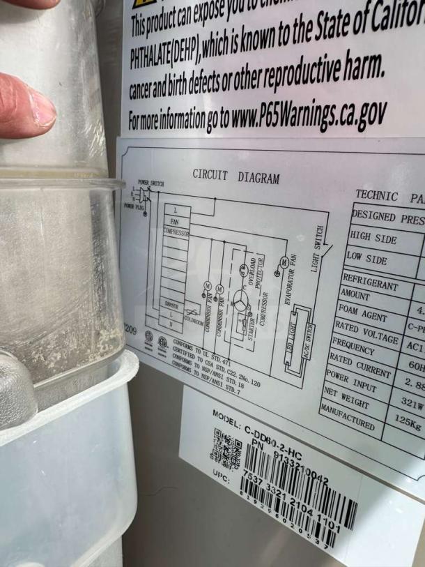 Migali C-DD60-2-HC kegerator circuit diagram, warning label, and model tag, highlighting design details.