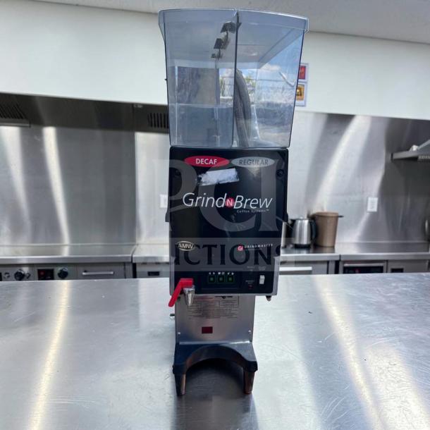 Grindmaster Grind’n Brew GNB-20H, dual hopper, commercial coffee system. Decaf and regular labels. Fully tested, 120V.