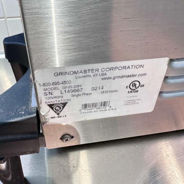 Grindmaster GNB-20H commercial coffee system, dual hopper, airpot brewer, model label showing serial number L149667.