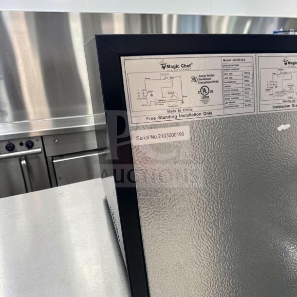 Magic Chef MCUF3S2 3 Cu. Ft. Compact Refrigerator. Stainless steel, excellent condition, serial no. 2103000199.