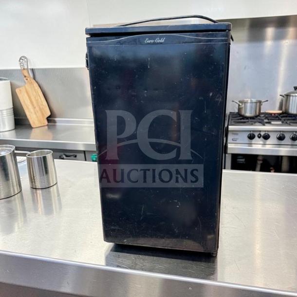 Euro-Gold W-995 compact undercounter refrigerator, black finish, Euro-Gold logo, space-saving mini fridge, fully operational.