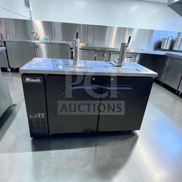 Migali C-DD60-2-HC kegerator, 60" 2-door beer dispenser in outstanding condition, featuring dual taps, fully tested operational.