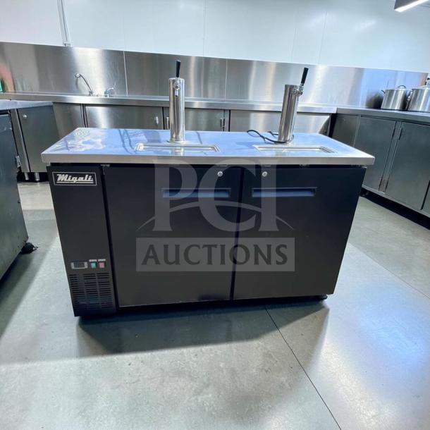 Migali C-DD60-2-HC two-door kegerator, 60", black, stainless steel top, excellent condition, commercial grade, fully tested.