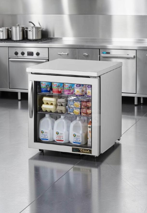 True TUC-27G-HC commercial undercounter refrigerator, glass door, 27” stainless steel, fully operational, 115V, excellent condition.