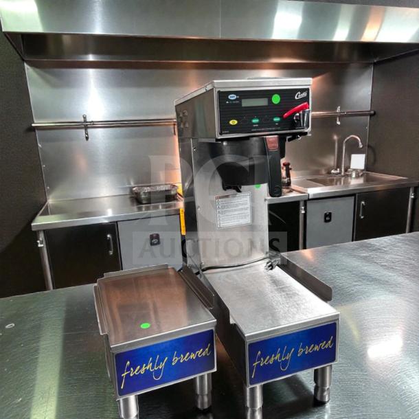 Wilbur Curtis CBP Combo Coffee & Tea Brewer, superior condition, dual beverage system, stainless steel, 120V, "freshly brewed" labels.