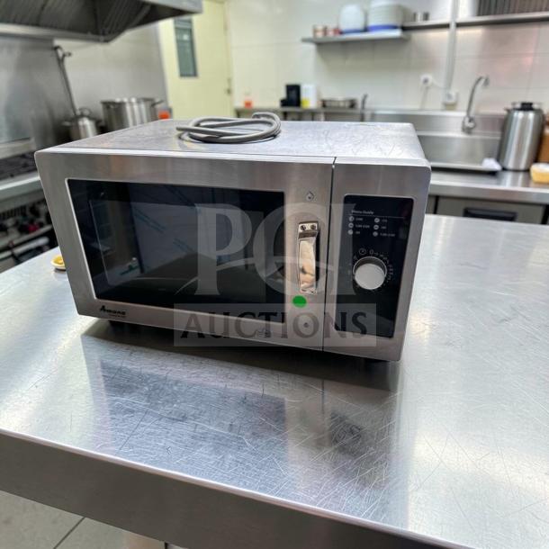 Amana RMS10DSA commercial microwave oven, 1000W, stainless steel, dial controls, excellent condition, 120V, fully tested.