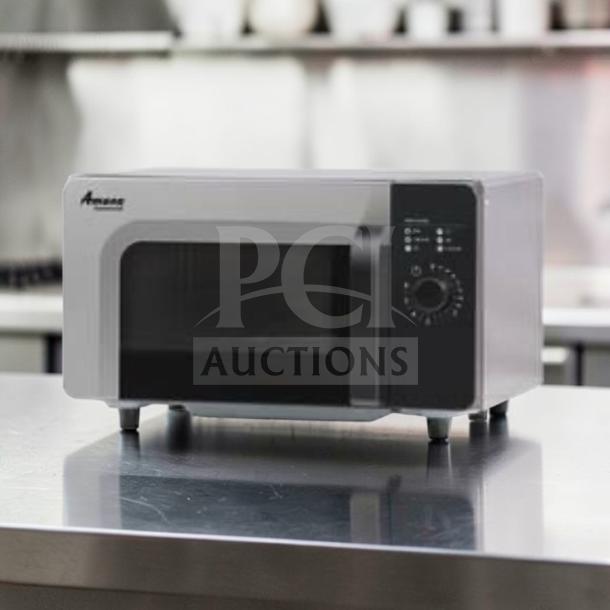 Amana RMS10DSA commercial microwave, 1000W, stainless steel, dial controls, pristine condition, 120V, fully tested.