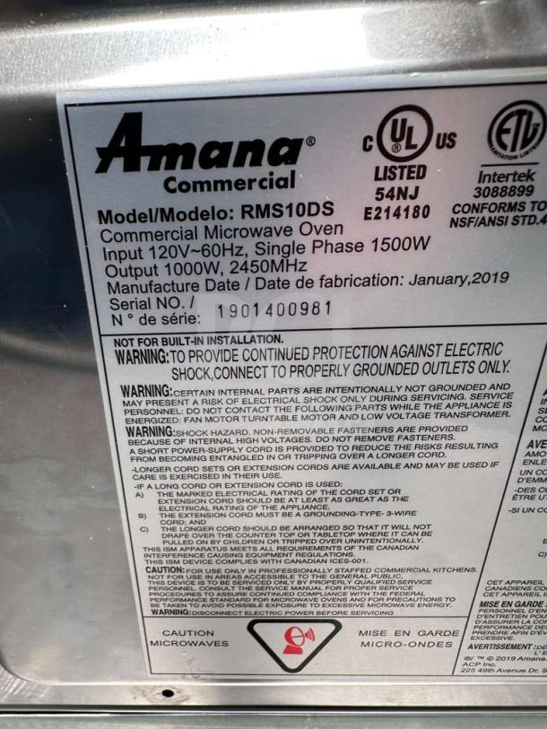 Amana RMS10DSA Commercial Microwave, 1000W, Stainless Steel, Dial Controls, 120V, UL Listed, Serial No. 1901400981, Manufactured January 2019.