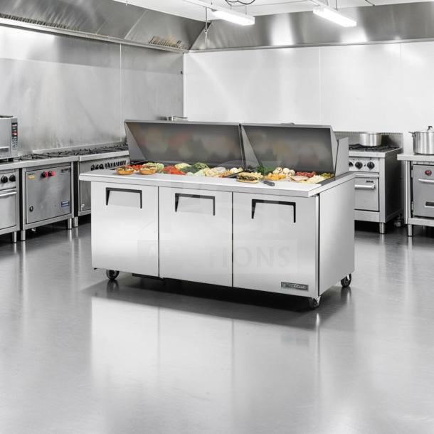 True TSSU-72-30M-B-ST-HC 72” Mega Top Sandwich/Salad Prep Table, refrigerated, exceptional condition, fully tested.