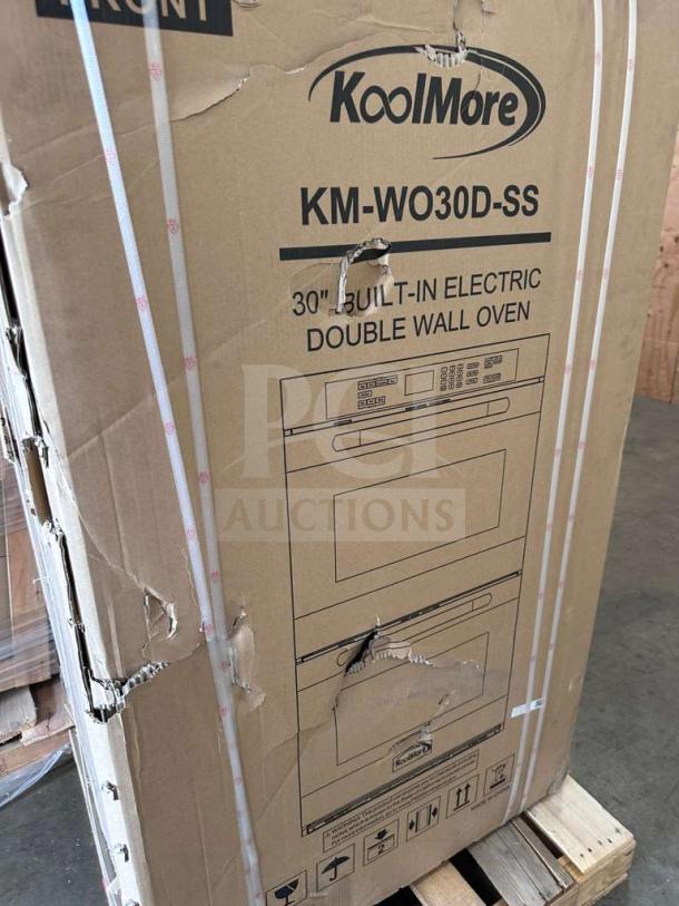 KoolMore KM-WO30D-SS 30" electric double wall oven in damaged packaging, new condition with visible scratches and dents.