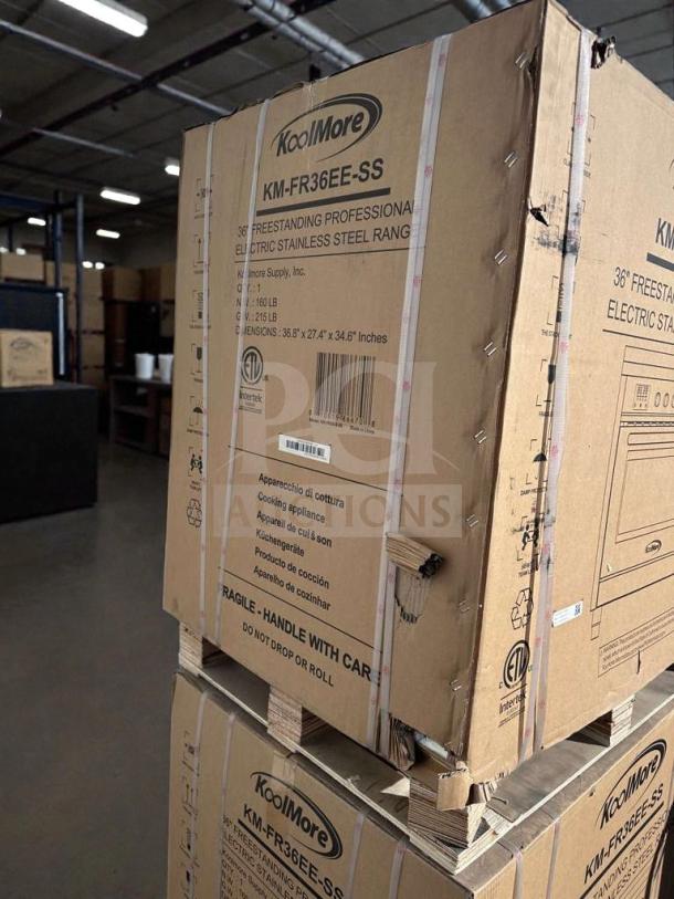Boxed KoolMore 36" electric range, model KM-FR36EE-SS. New, scratch & dent, visible packaging wear, handle with care.