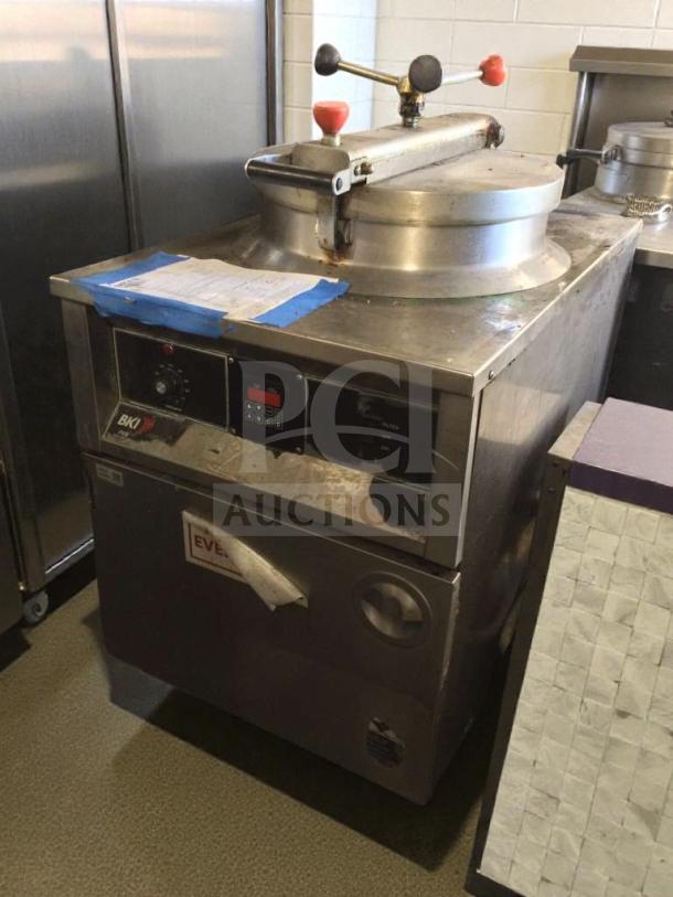 BKI commercial pressure fryer, floor model in stainless steel, premium condition, fully tested, model BKI-L-PFR-0278, USA-made.