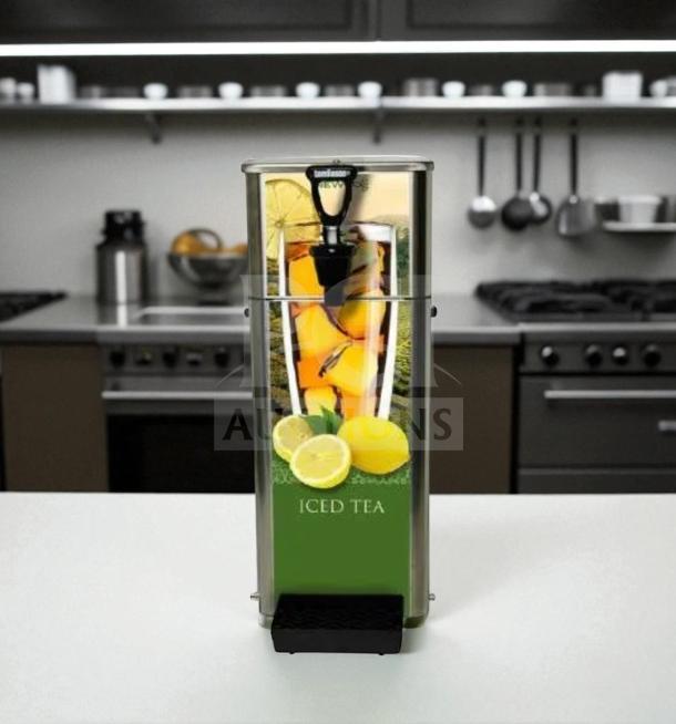 Newco FPM-1 countertop lemonade dispenser, NSF listed, premium condition, fully tested, with iced tea graphic.