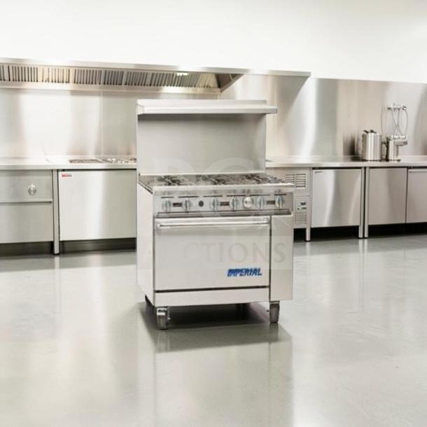Imperial IR-6 36" commercial gas range, 6 burners, oven, natural gas, excellent condition, fully operational, model IR-6.