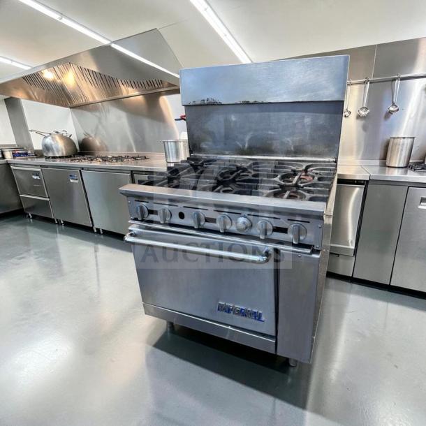 Imperial IR-6 36" commercial gas range, 6 burners, oven, natural gas; excellent condition, tested and operational.