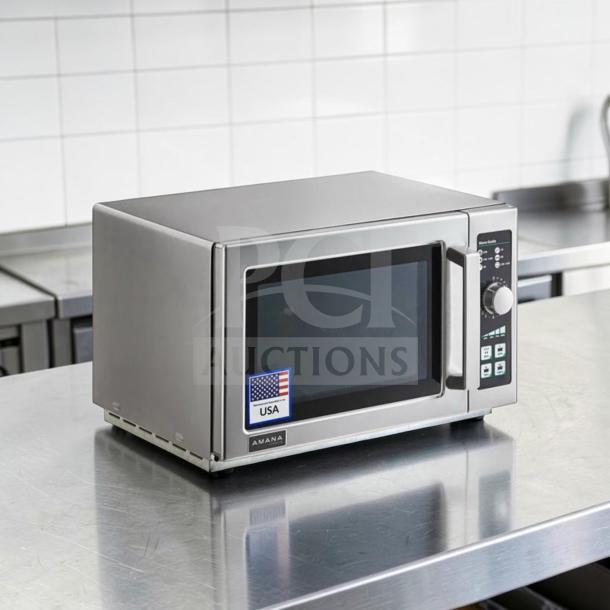 Amana RCS10DS commercial microwave, 1000W, stainless steel, pristine condition, USA flag sticker, 120V, fully operational.