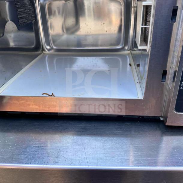 Amana RCS10DS Commercial Microwave Oven, stainless steel interior, tested, 1000W, 120V, medium volume usage, visible marks.