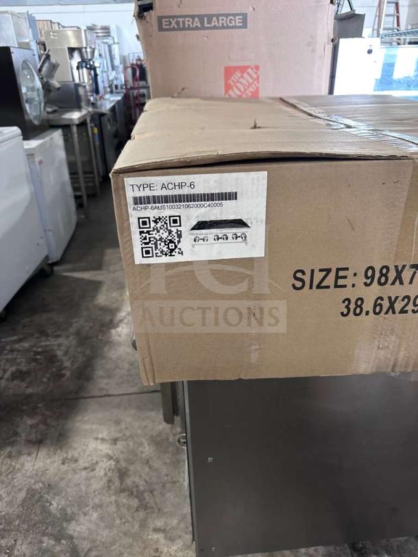 New Atosa ACHP-6 commercial gas hot plate in box. Model: ACHP-6, 6 burners, heavy-duty, for restaurant use.