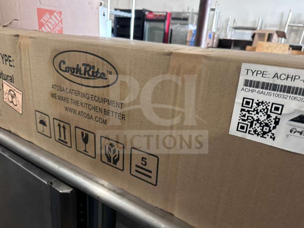 Boxed Atosa ACHP-6 six-burner commercial gas hot plate with CookRite branding and QR code. New condition.