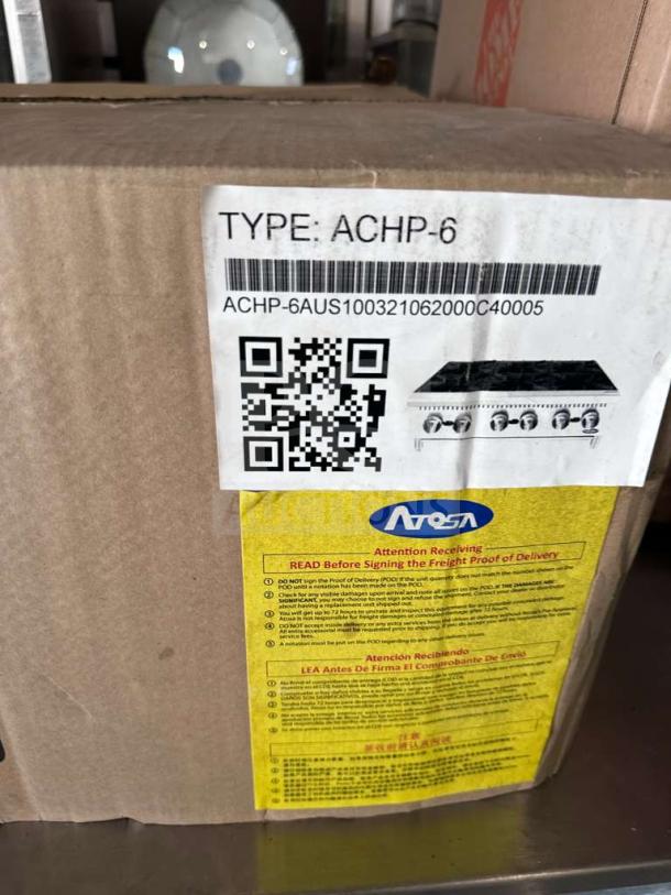 New Atosa ACHP-6 six-burner commercial gas hot plate in box. QR code and product labels visible on packaging.